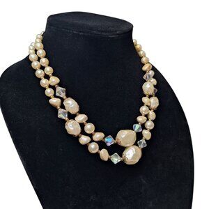 VTG Necklace 18 Inch Plastic Bead Faux Pearl Crystal Style Double Strand Twist
